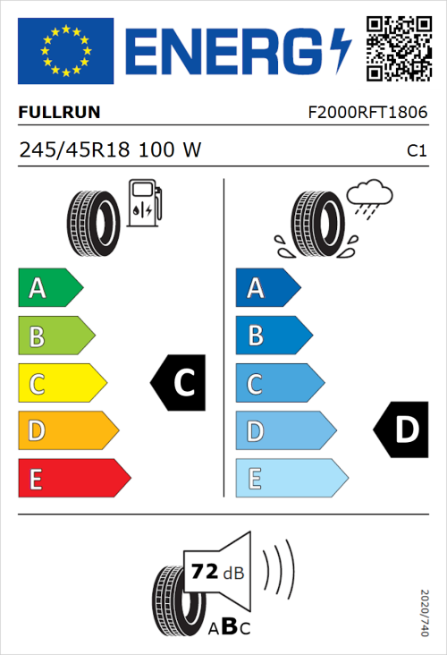 Tyre Label for Fullrun F2000 245/45R18 100W