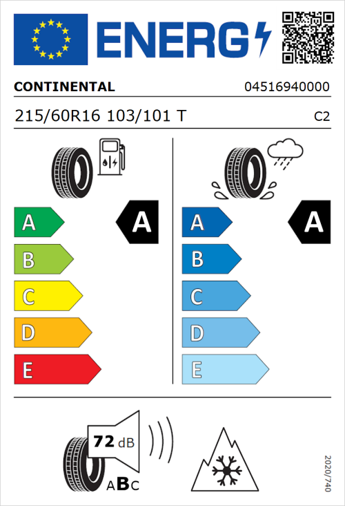 Tyre Label for Continental VanContact Eco 215/60R16 103/101T
