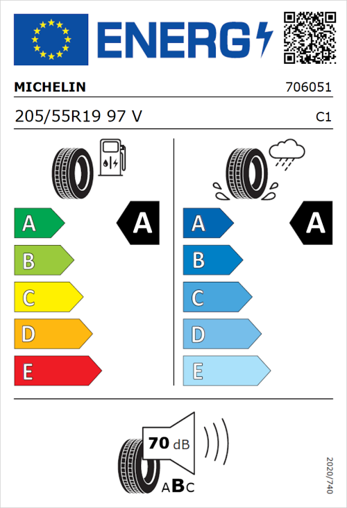 Tyre Label for Michelin e.primacy 205/55R19 97V