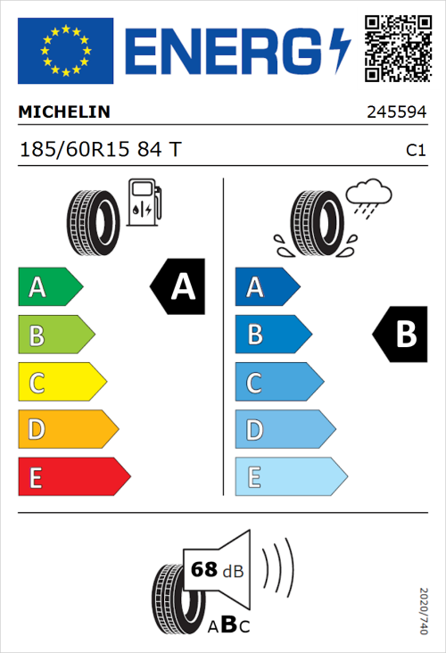 Tyre Label for Michelin e.primacy 185/60R15 84T