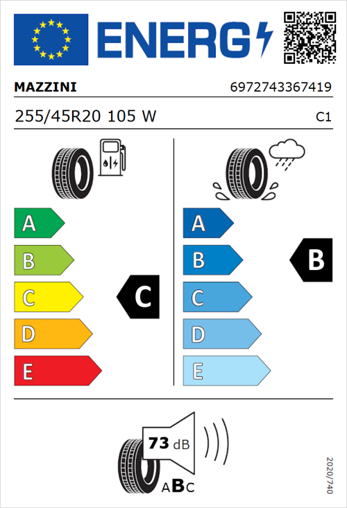 Tyre Label for Mazzini Eco 602 255/45R20 105W