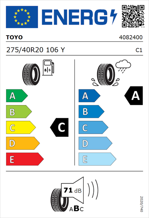 Tyre Label for Toyo Proxes Sport 2 275/40R20 106Y